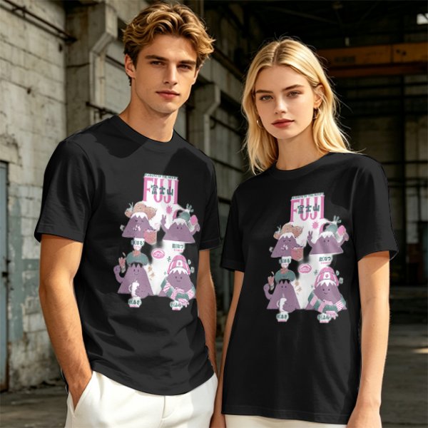 Olive green t-shirt with playful Mount Fuji character graphic print
