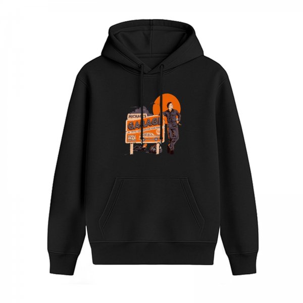 Black Hoodie With Michael's Garage Horror Artwork Print