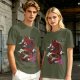 Olive T-shirt with Red Chinese Dragon and Cloud Graphic Print