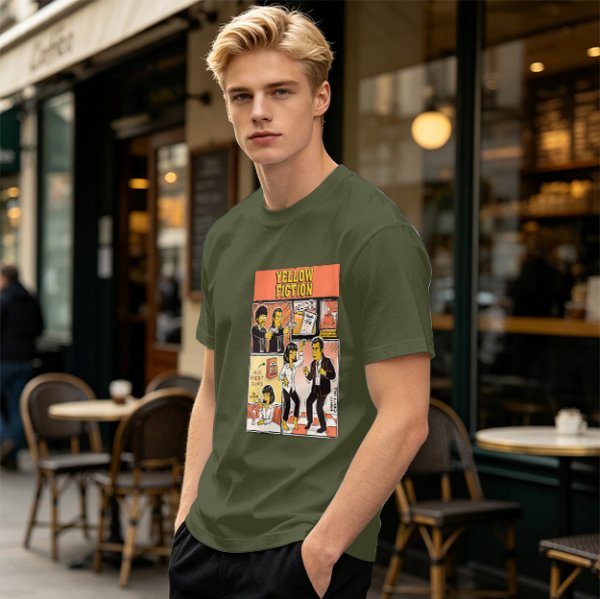 Olive green t-shirt with Yellow Fiction Simpson-style Pulp Fiction dance print