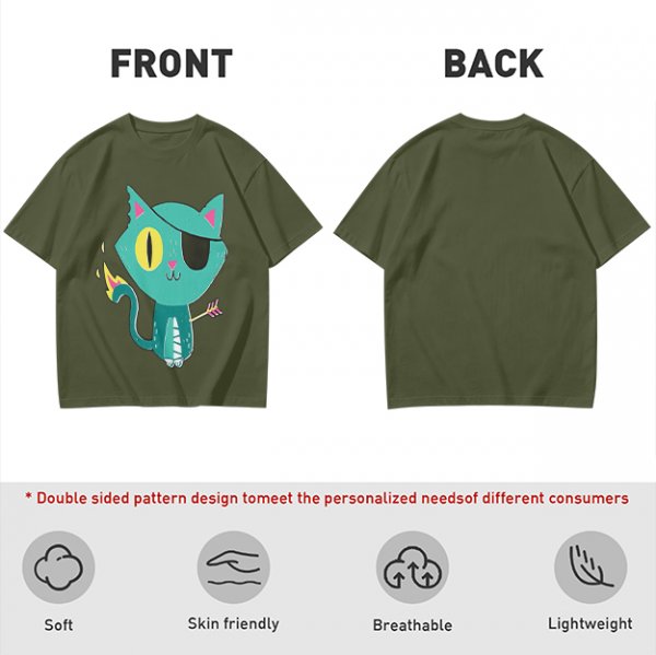 Olive Green T-Shirt With Pirate Cat Graphic Print