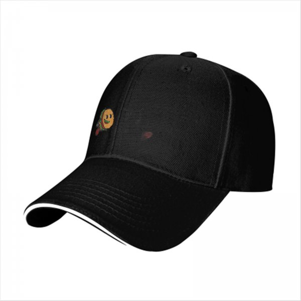 Black baseball cap with a cartoon flying burger graphic