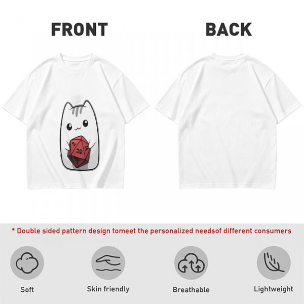 Olive T-Shirt With Cute White Cat Holding D20 Dice Print