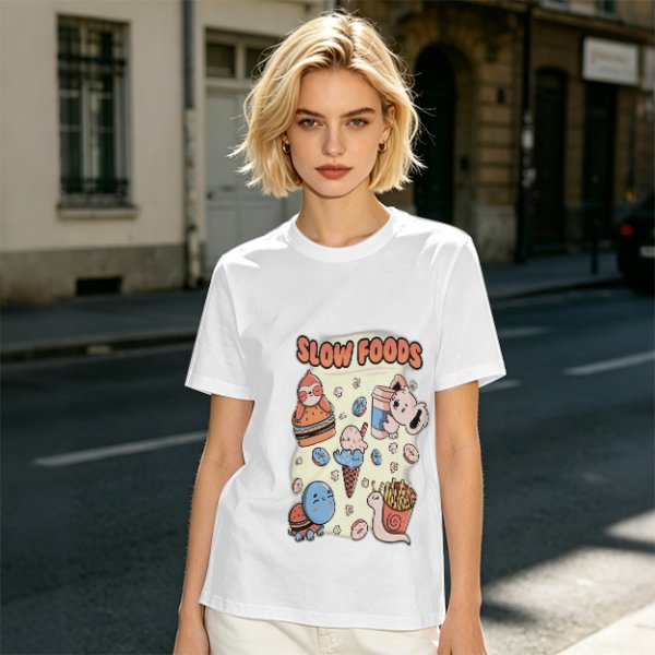 Olive green graphic t-shirt with slow foods animal fast food mashup print