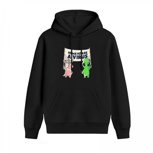 Black hoodie with 'Humans Are A Virus' alien unicorn graphic