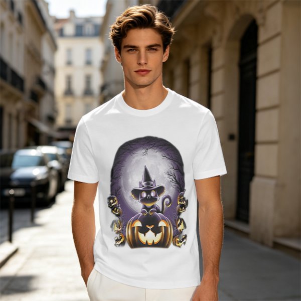 Halloween Black Cat Witch Jack-o'-lantern Graphic T-Shirt