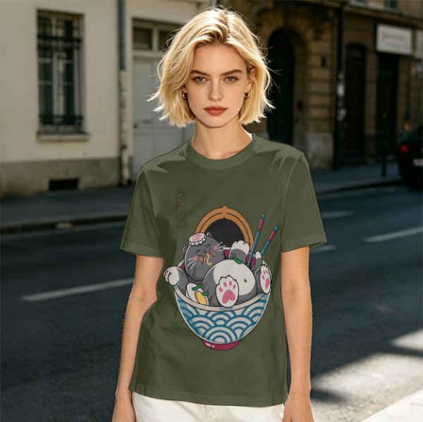 Oversized T-Shirt With Chubby Cat In Ramen Bowl Print