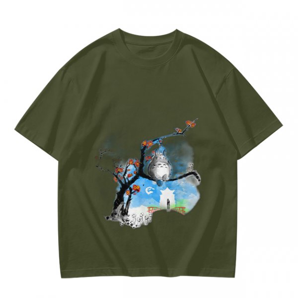 Olive green t-shirt with Totoro tree branch watercolor print