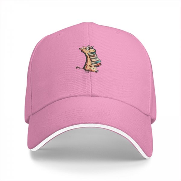 Black baseball cap with cute giraffe holding stack of books