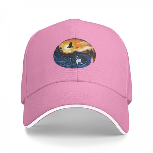 Black baseball cap with yin-yang dragon sunset and night artwork