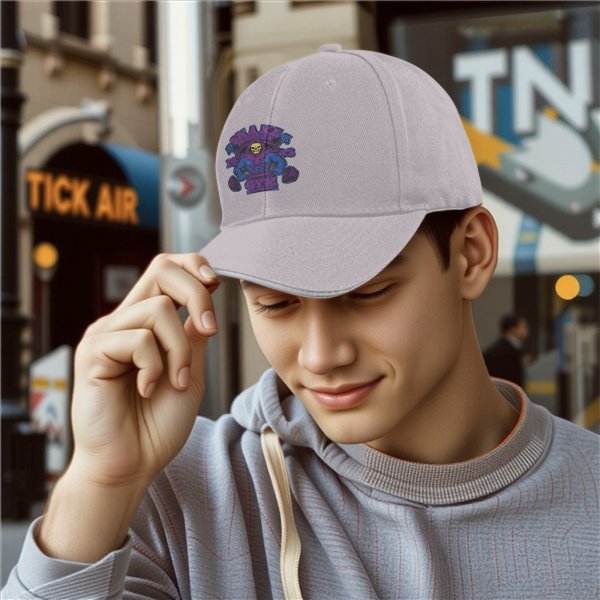 Black baseball cap with Skeletor Snake Mountain Gym graphic