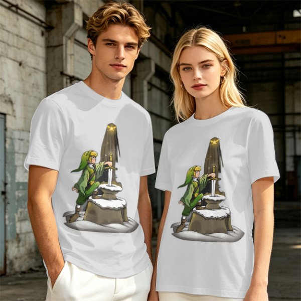 Olive Green T-Shirt With Link Reaching For The Master Sword