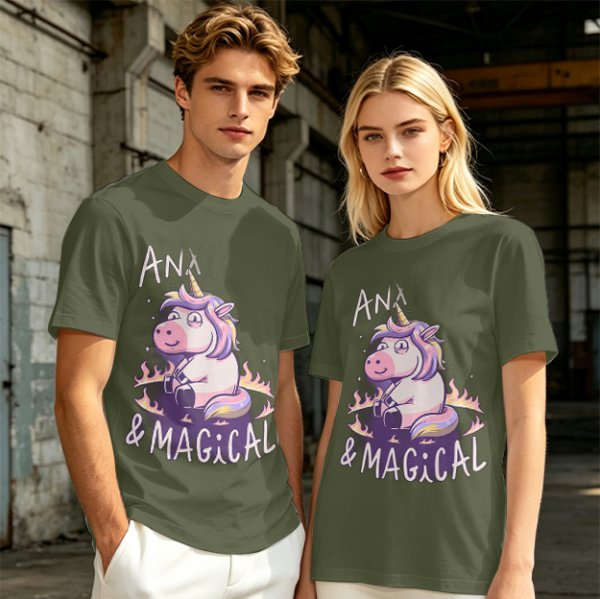 Anxious Magical Unicorn Graphic Olive T-Shirt