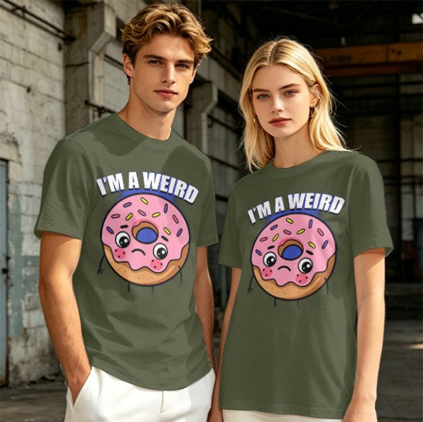 Olive green t-shirt with sad donut graphic and 'I'M A WEIRD' text