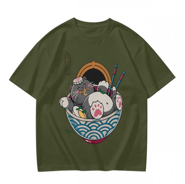 Oversized T-Shirt With Chubby Cat In Ramen Bowl Print