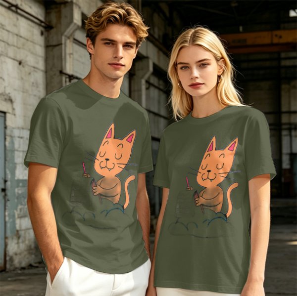 Olive T-Shirt with Cartoon Cat at Grave Print