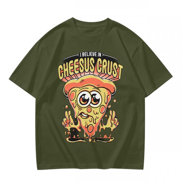 Olive t-shirt with 'I Believe In Cheesus Crust' pizza graphic