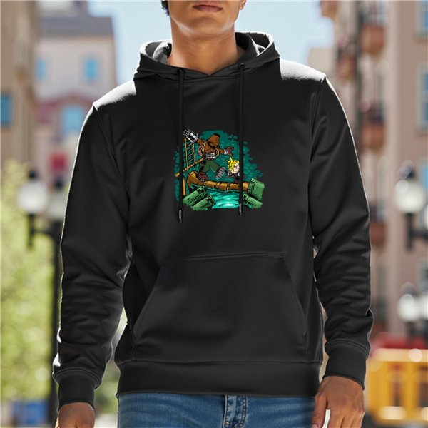 Black hoodie with Final Fantasy Barret and Cloud sewer scene graphic