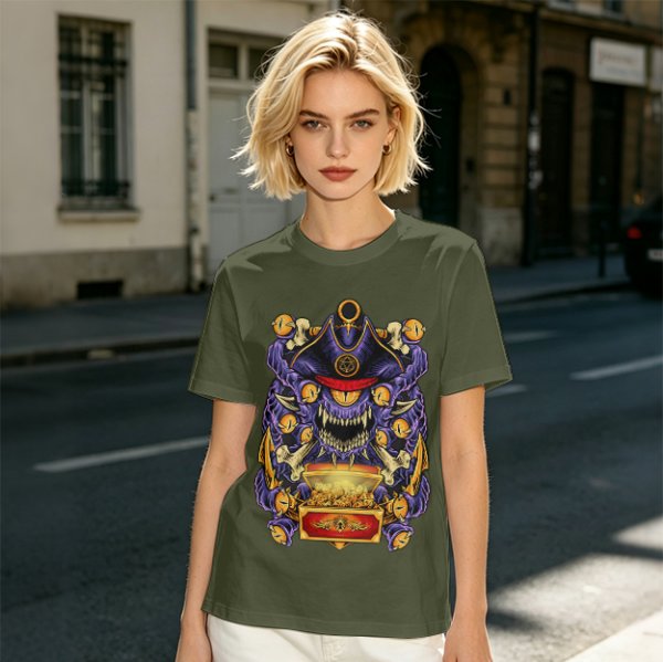 Olive T-Shirt With Pirate Beholder Monster And Treasure Chest Art