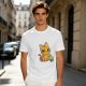 Olive T-shirt with mischievous orange cat knocking over green cup print