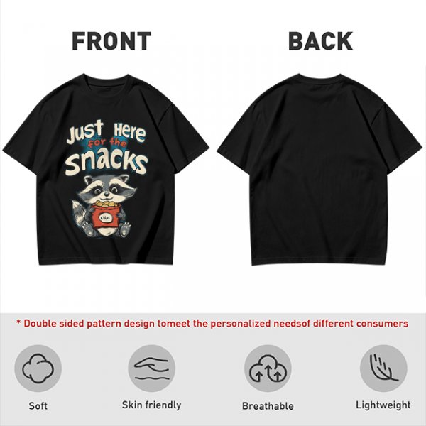 Olive green t-shirt with 'Just Here for the Snacks' and raccoon graphic