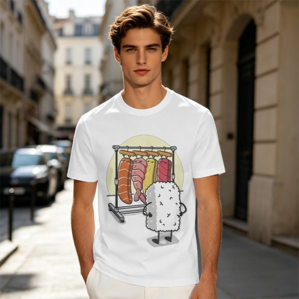 Olive T-Shirt With Funny Sushi Laundry Rack Graphic