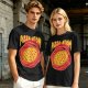 Olive green graphic t-shirt with pizza atom design