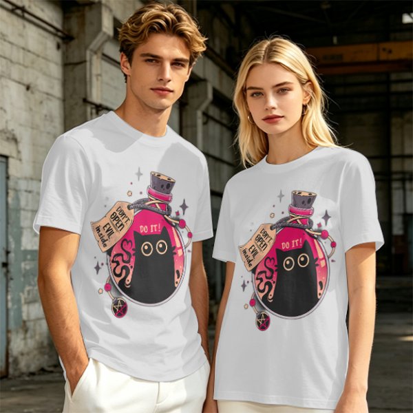 Olive T-shirt with a potion bottle holding a black cat that says don't open evil inside do it
