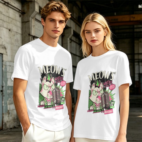 Olive T-Shirt with Punk Rock Cat Singing Microphone Graphic
