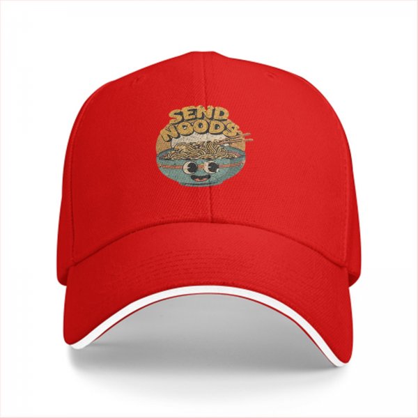Black baseball cap with retro 'Send Noods' ramen bowl graphic