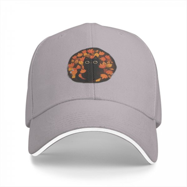 Black Baseball Cap With Cute Black Cat In Autumn Leaves Print