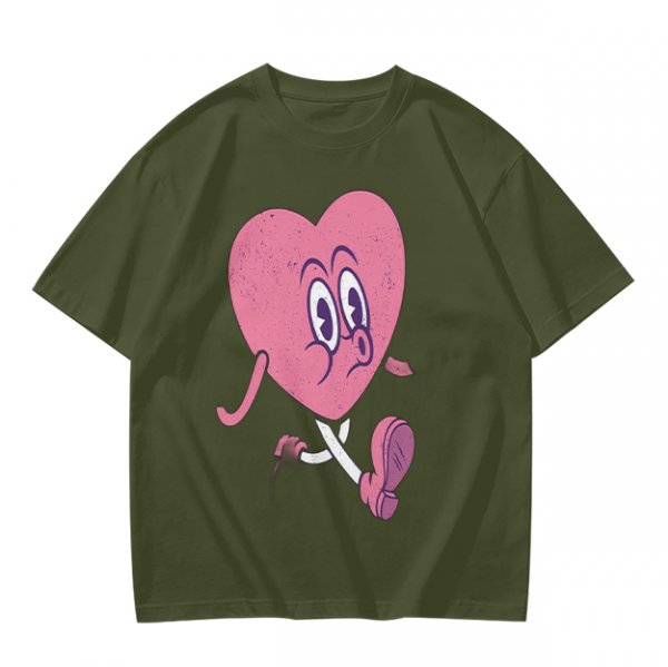 Oversized Olive T-Shirt with Retro Walking Pink Heart Cartoon Graphic