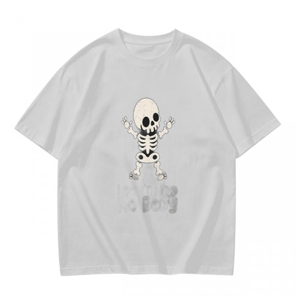 Olive green t-shirt with cute cartoon skeleton graphic