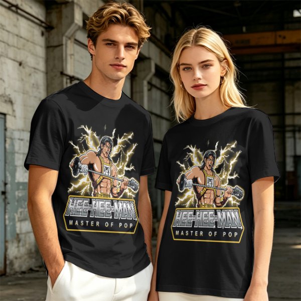 Olive T-shirt with Hee-Hee-Man Master of Pop Lifting Barbell Graphic