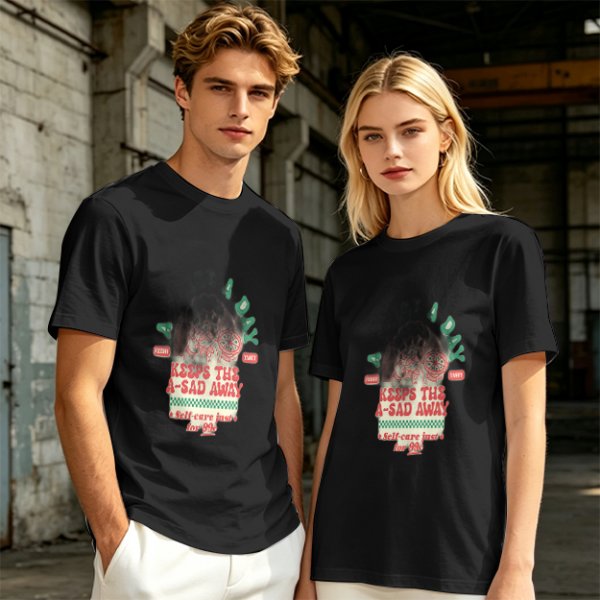 Olive graphic t-shirt with funny cat and 'keeps the a-sad away' text