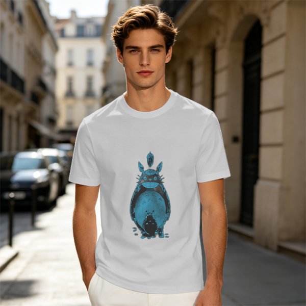 Olive Green T-Shirt With Blue Totoro Inspired Graphic Print