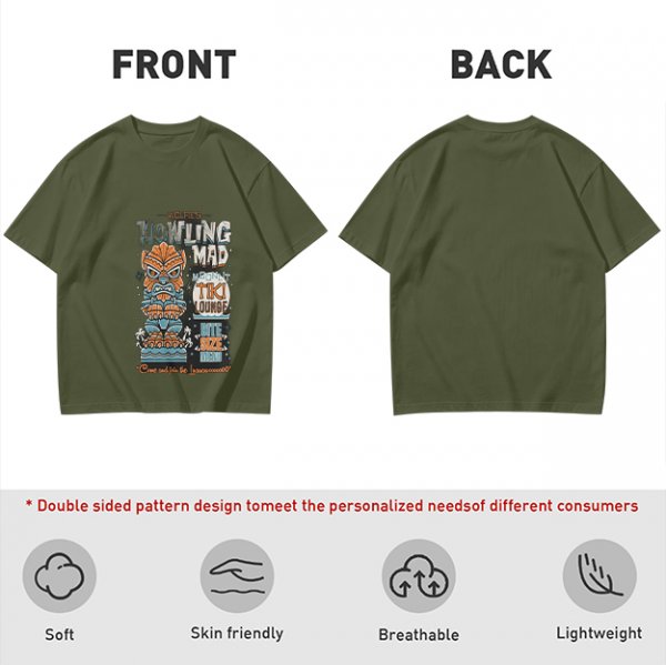 Olive t-shirt with Howling Mad Tiki Lounge graphic print