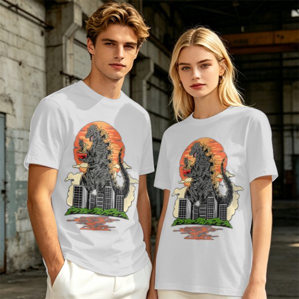 Godzilla Eating Ramen Sunset City Graphic T-Shirt