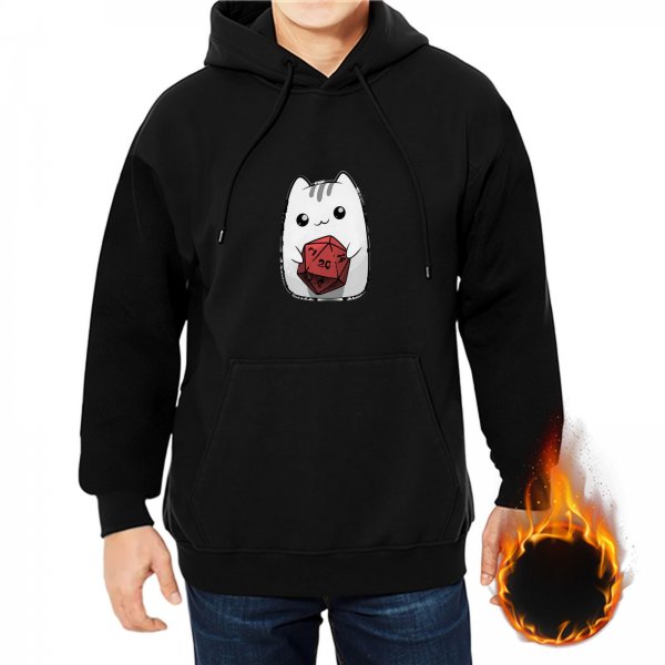 Black Hoodie With Cute Cat Holding D20 Dice Print