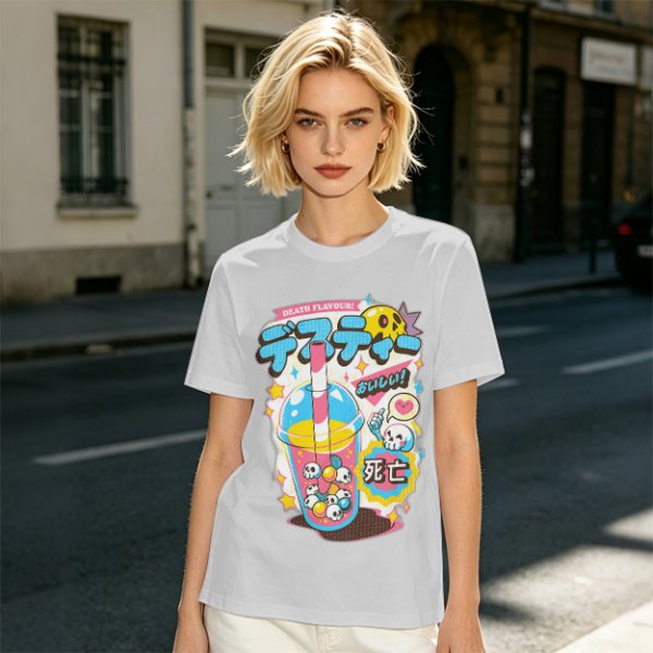 Oversized Graphic Tee with Death Flavor Bubble Tea Print