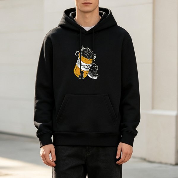 Black hoodie with happiness pill bottle and playful cats graphic