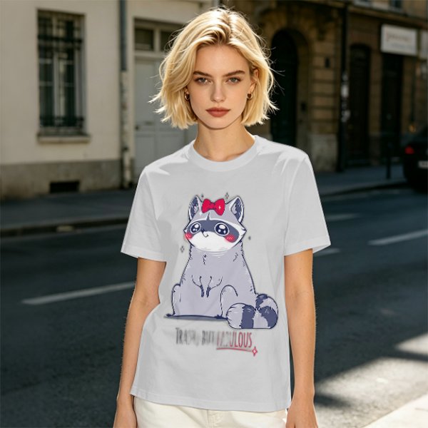 Olive T-shirt with Cute Raccoon Wearing Red Bow Graphic