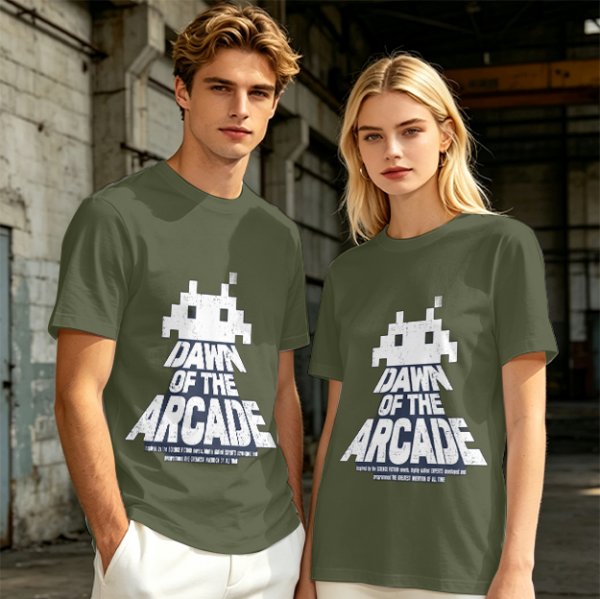 Olive T-Shirt with Retro Arcade Space Invader Graphic and Dawn of the Arcade Text