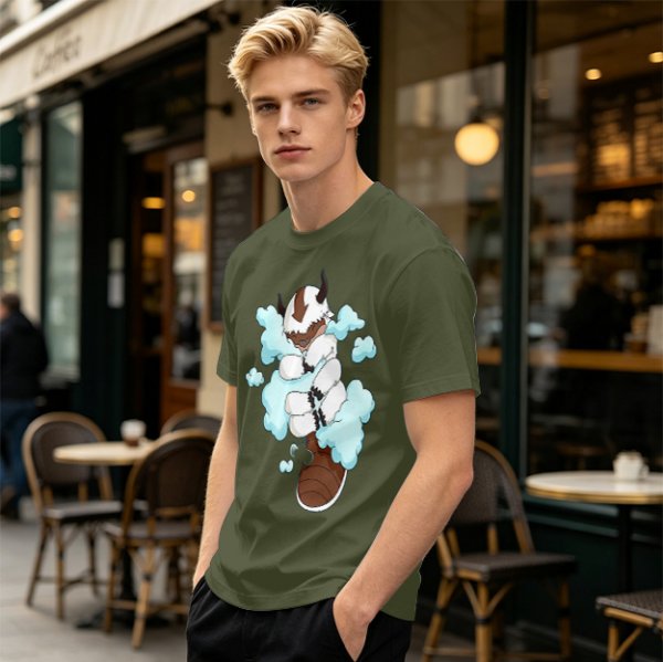 Olive Green T-Shirt With Sleeping Sky Bison On Clouds Print