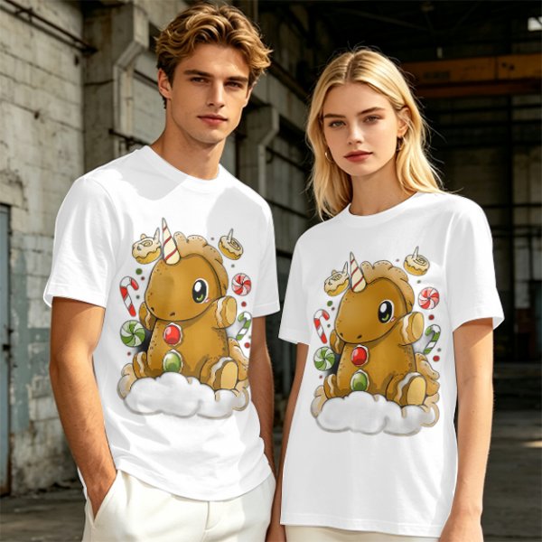 Olive T-Shirt With Cute Gingerbread Unicorn And Christmas Candy Print
