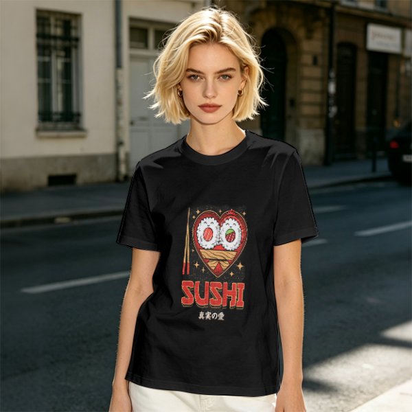 Olive T-Shirt With Cute Sushi Heart Graphic That Says I Love Sushi