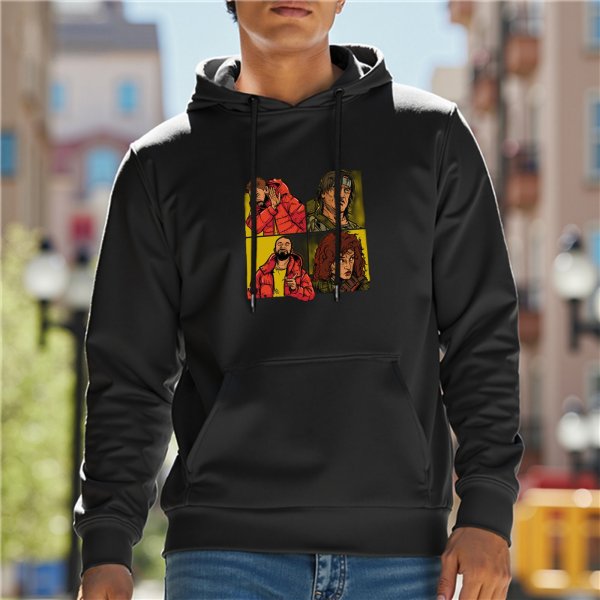 Black hoodie with four-panel illustrated character graphic