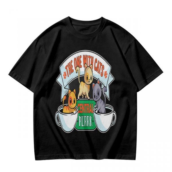 Olive green t-shirt with cat coffee cup graphic and playful text design