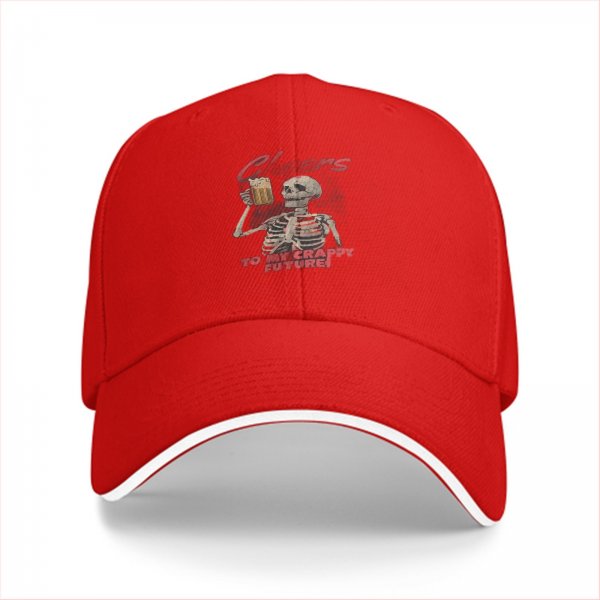 Black baseball cap with skeleton toasting beer and 'Cheers to my crappy future' text