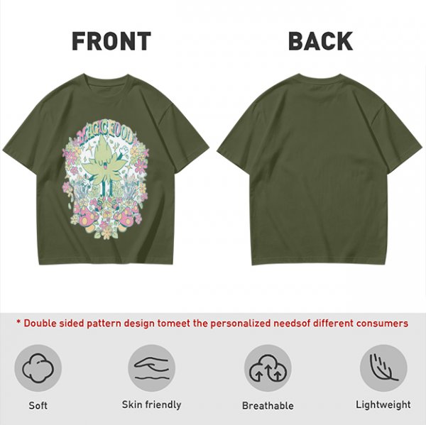 Olive Green Graphic T-Shirt With Whimsical Plant Creature And Floral Print